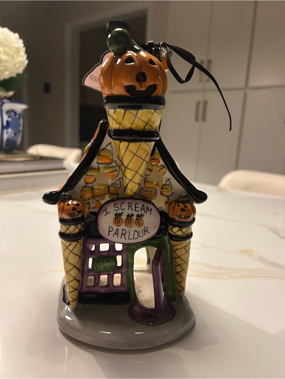 “New” Blue Sky Orange Pumpkin Ceramic Tea-light House